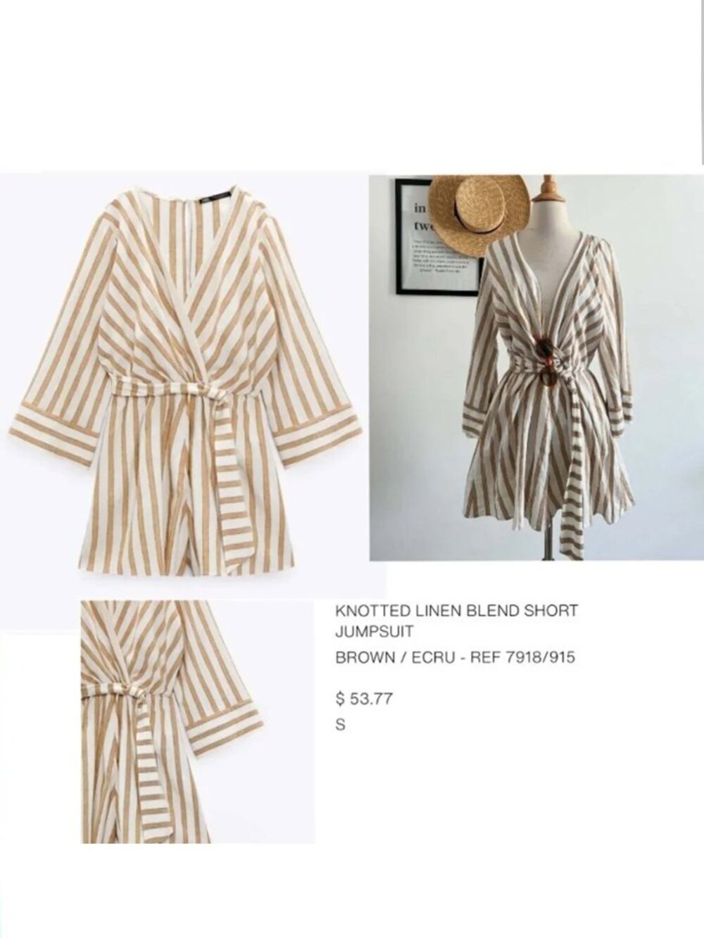 Zara Linen Striped Romper Size Small - brown/white long sleeve, shorts- 7918/915